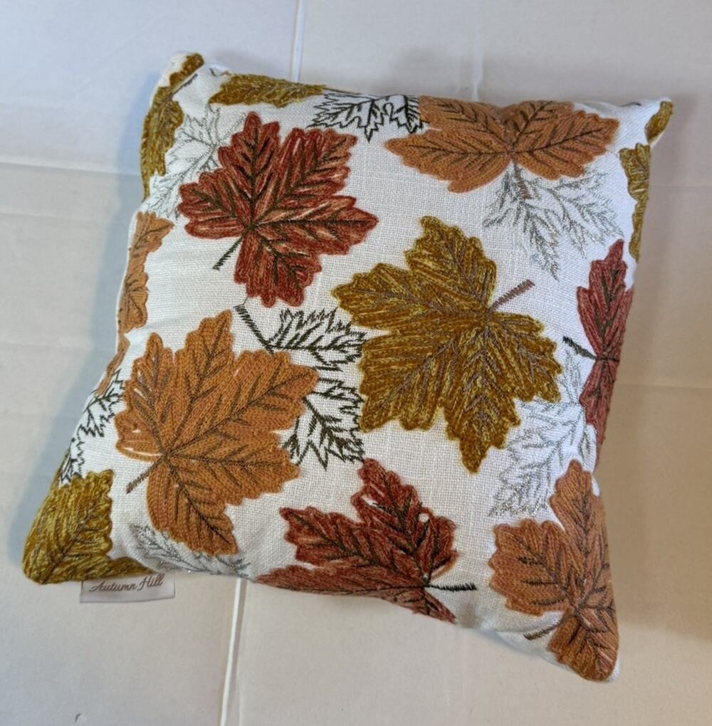 Autumn Hill Leaves Throw Small Pillow Embroidered 12”x12” Fall Harvest